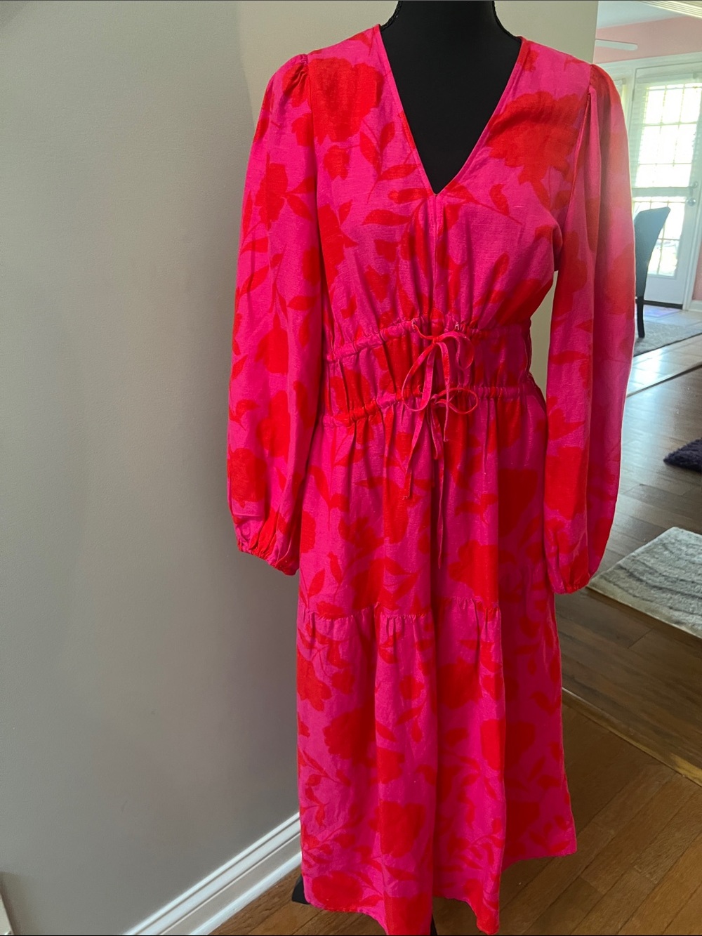 kate spade Pink and Red Floral Tie-Waist Midi Dress